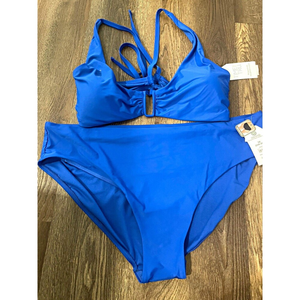Time and Tru Women’s Blue Solid 2-Piece Bikini Set 3XL Lined Tie
